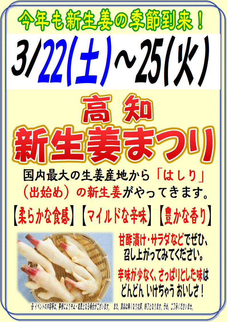 3/22 ~25｢高知 新生姜まつり｣ ＆3/22・23の「店頭販売｣｜新着